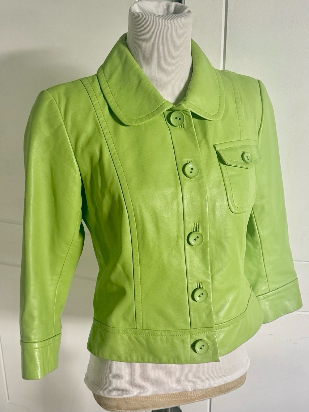 Vintage Leather Jacket Lime Green Dana Buchman Coat Women’s Sz 2 Petite Edgy